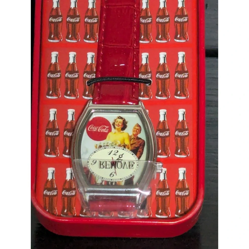 Vintage Coca Cola Red Band Watch in Original Refrigerator Tin‎ Box and Packaging